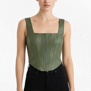 7 for all Mankind Olive Green Faux Leather Wide Tank Top Corset Crop Top Size XS